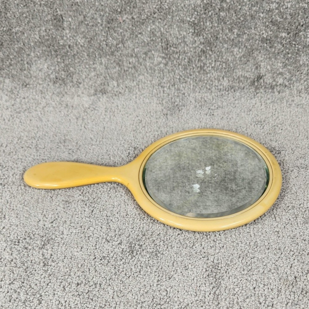 Vintage Celluloid Hand Mirror French Ivory Beveled Glass Art Deco Vanity Yellow